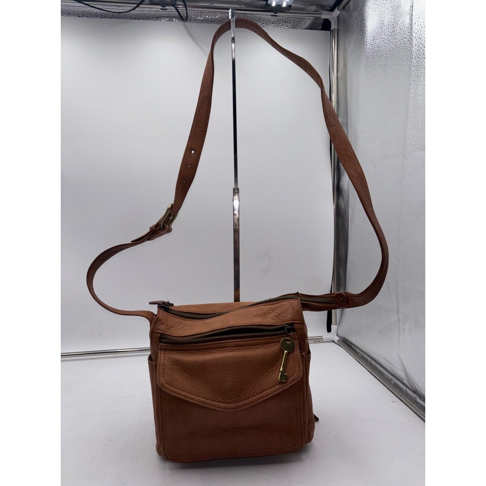 Fossil 75082 Cognac Pebbled Leather Crossbody Bag Brown Brass Key Charm